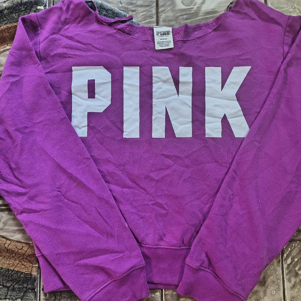 Pink Off Shoulder Crop Logo Purple Sweatshirt